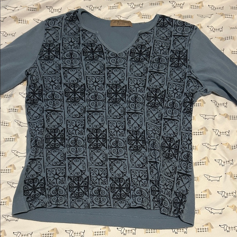 Women's Long Sleeve Blue Top with Black Pattern